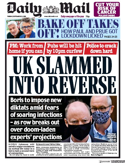 Daily Mail Newspaper Front Page (UK) for 22 September 2020