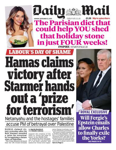Daily Mail Newspaper Front Page (UK) for 22 September 2025