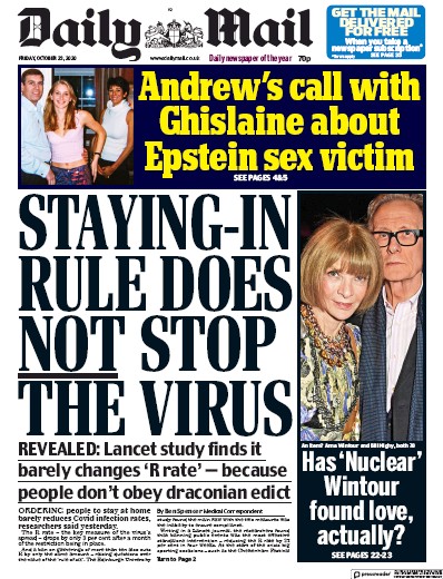 Daily Mail Newspaper Front Page (UK) for 23 October 2020