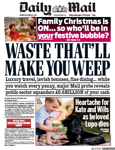 Daily Mail Newspaper Front Page (UK) for 23 November 2020