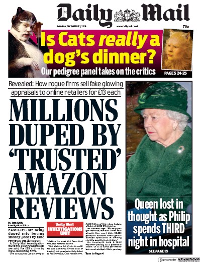 Daily Mail Newspaper Front Page (UK) for 23 December 2019