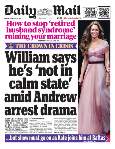 Daily Mail Newspaper Front Page (UK) for 23 February 2026