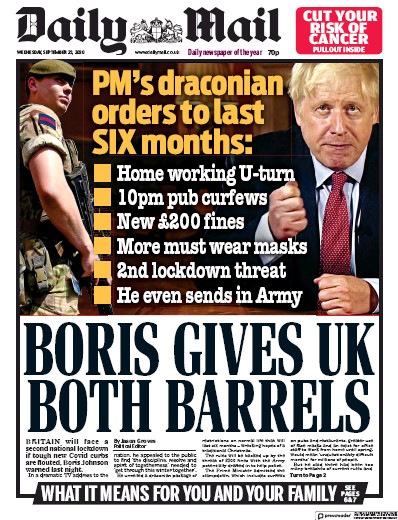 Daily Mail Newspaper Front Page (UK) for 23 September 2020