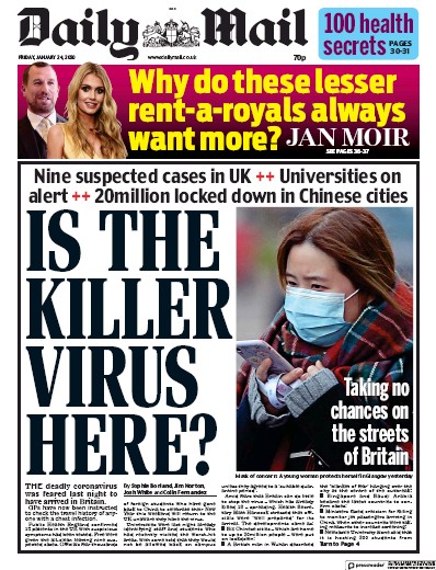 Daily Mail Newspaper Front Page (UK) for 24 January 2020