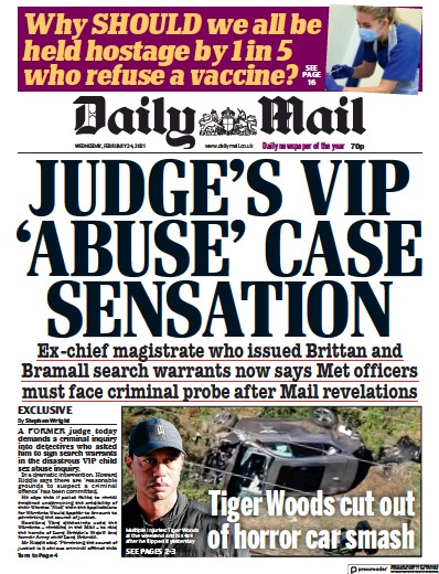 Daily Mail Newspaper Front Page (UK) for 24 February 2021