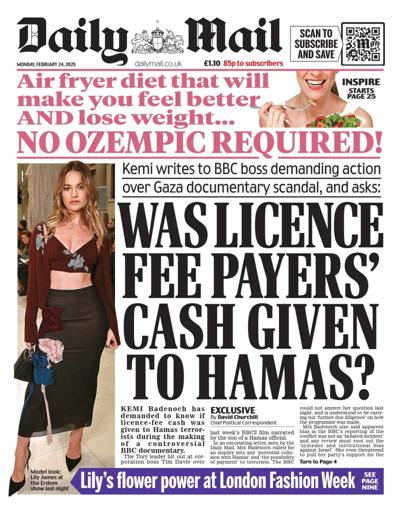 Daily Mail Newspaper Front Page (UK) for 24 February 2025