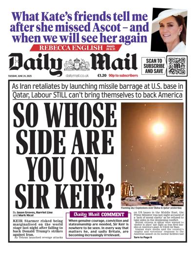 Daily Mail Newspaper Front Page (UK) for 24 June 2025