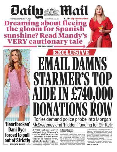 Daily Mail Newspaper Front Page (UK) for 24 September 2025