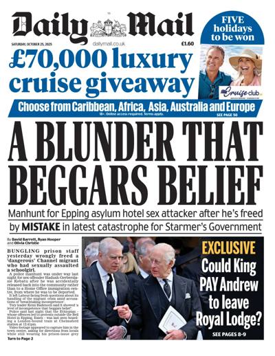 Daily Mail Newspaper Front Page (UK) for 25 October 2025