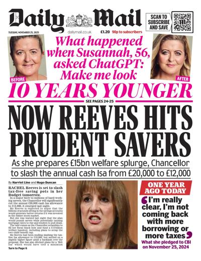 Daily Mail Newspaper Front Page (UK) for 25 November 2025
