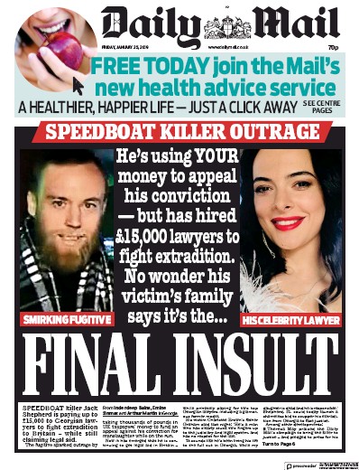 Daily Mail Newspaper Front Page (UK) for 25 January 2019