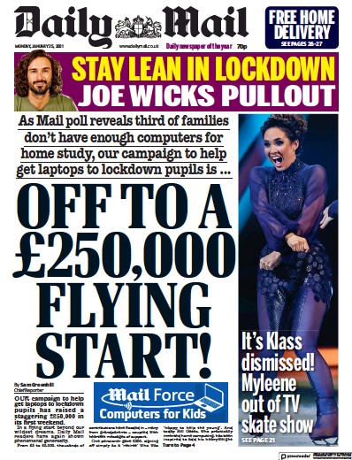 Daily Mail Newspaper Front Page (UK) for 25 January 2021