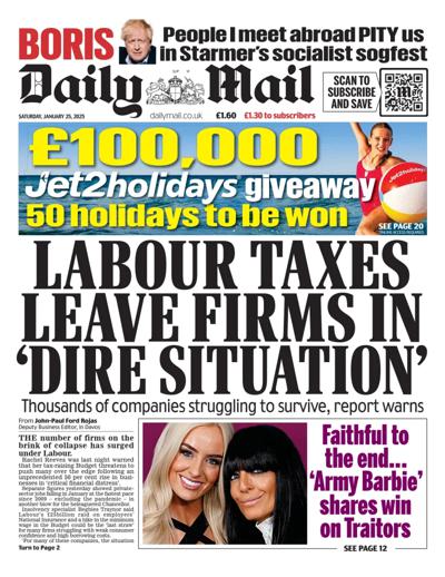 Daily Mail Newspaper Front Page (UK) for 25 January 2025