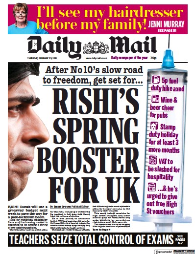 Daily Mail Newspaper Front Page (UK) for 25 February 2021