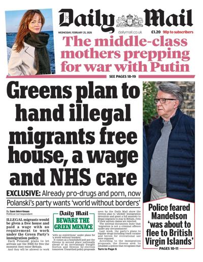 Daily Mail Newspaper Front Page (UK) for 25 February 2026
