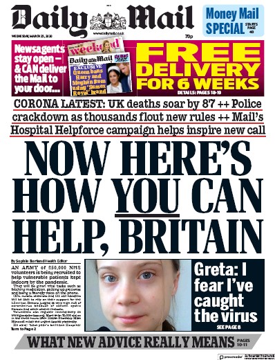 Daily Mail Newspaper Front Page (UK) for 25 March 2020