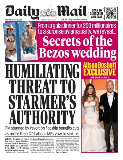 Daily Mail Newspaper Front Page (UK) for 25 June 2025