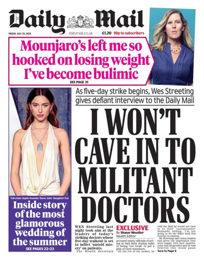 Daily Mail Newspaper Front Page (UK) for 25 July 2025