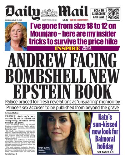 Daily Mail Newspaper Front Page (UK) for 25 August 2025