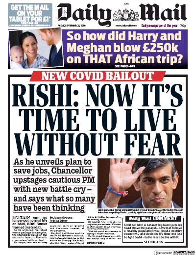 Daily Mail Newspaper Front Page (UK) for 25 September 2020