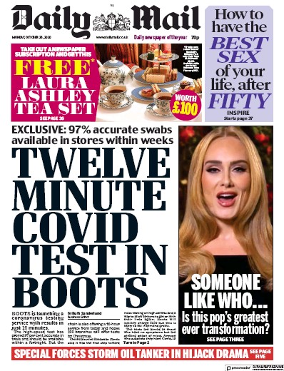 Daily Mail Newspaper Front Page (UK) for 26 October 2020