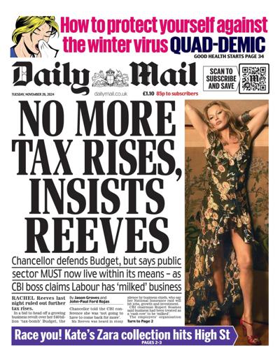 Daily Mail Newspaper Front Page (UK) for 26 November 2024