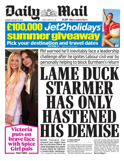 Daily Mail Newspaper Front Page (UK) for 26 January 2026