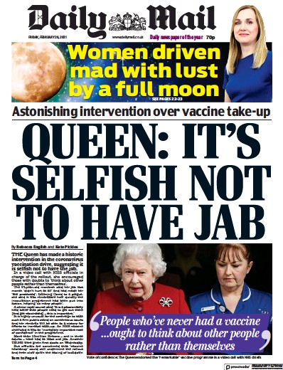 Daily Mail Newspaper Front Page (UK) for 26 February 2021