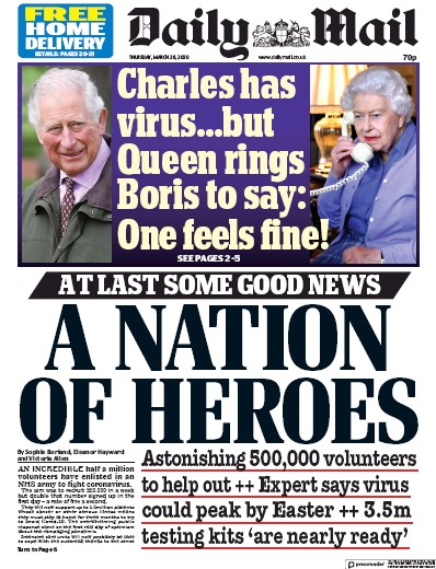 Daily Mail Newspaper Front Page (UK) for 26 March 2020