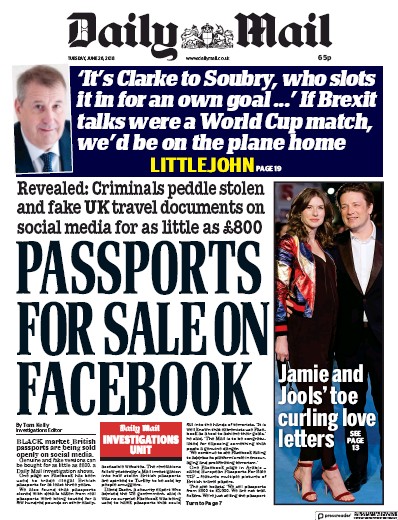 Daily Mail Newspaper Front Page (UK) for 26 June 2018