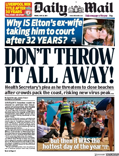 Daily Mail Newspaper Front Page (UK) for 26 June 2020