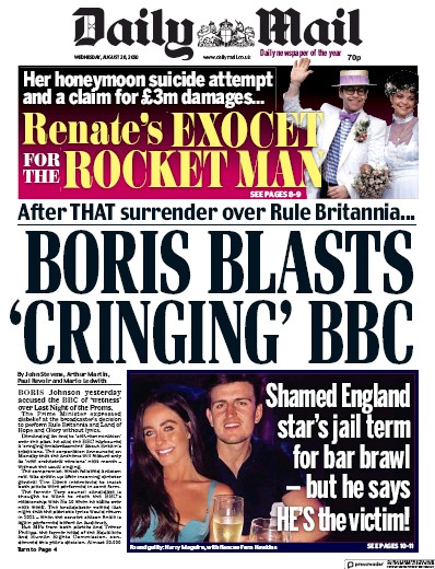 Daily Mail Newspaper Front Page (UK) for 26 August 2020