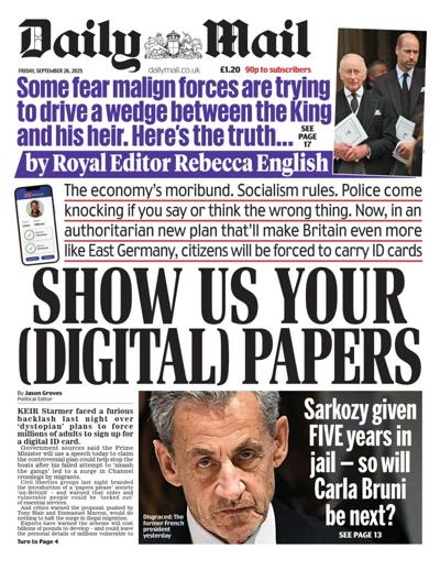 Daily Mail Newspaper Front Page (UK) for 26 September 2025