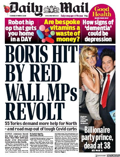 Daily Mail Newspaper Front Page (UK) for 27 October 2020