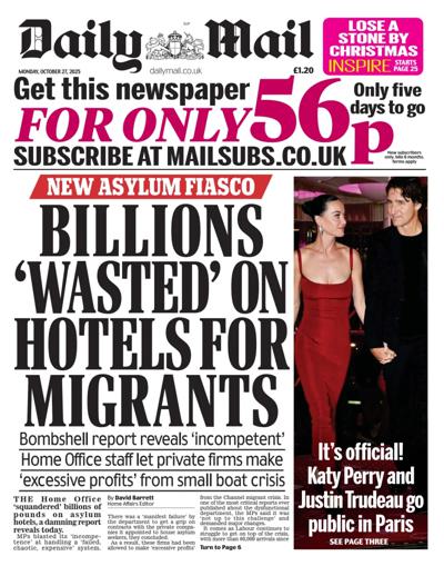 Daily Mail Newspaper Front Page (UK) for 27 October 2025