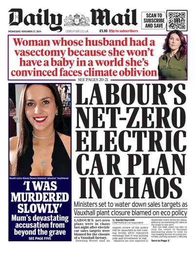 Daily Mail Newspaper Front Page (UK) for 27 November 2024