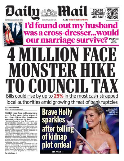 Daily Mail Newspaper Front Page (UK) for 27 January 2025