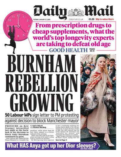 Daily Mail Newspaper Front Page (UK) for 27 January 2026