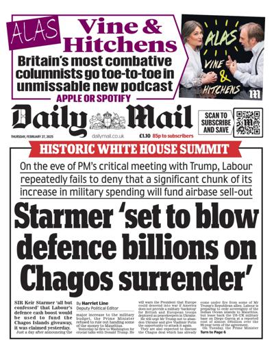 Daily Mail Newspaper Front Page (UK) for 27 February 2025