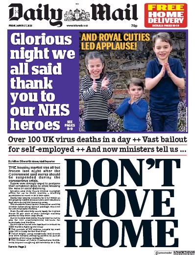 Daily Mail Newspaper Front Page (UK) for 27 March 2020