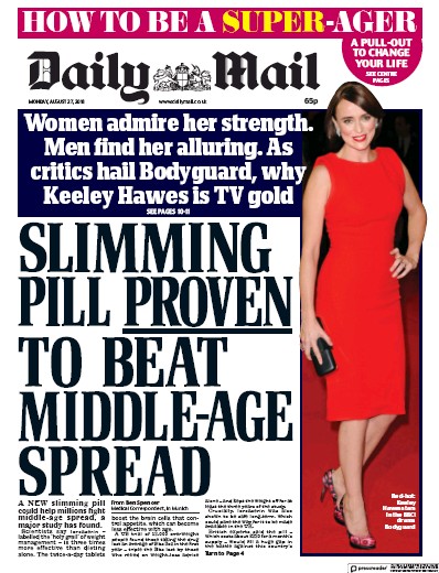 Daily Mail Newspaper Front Page (UK) for 27 August 2018