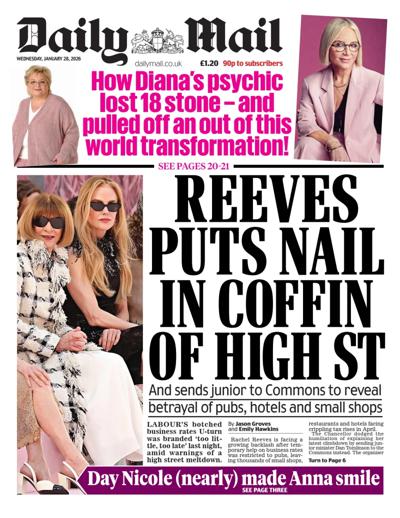 Daily Mail Newspaper Front Page (UK) for 28 January 2026