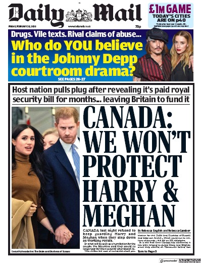 Daily Mail Newspaper Front Page (UK) for 28 February 2020