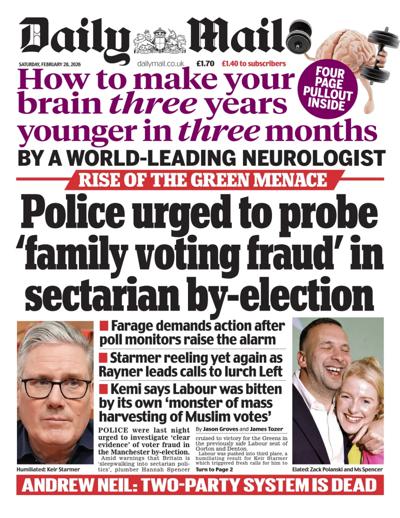 Daily Mail Newspaper Front Page (UK) for 28 February 2026