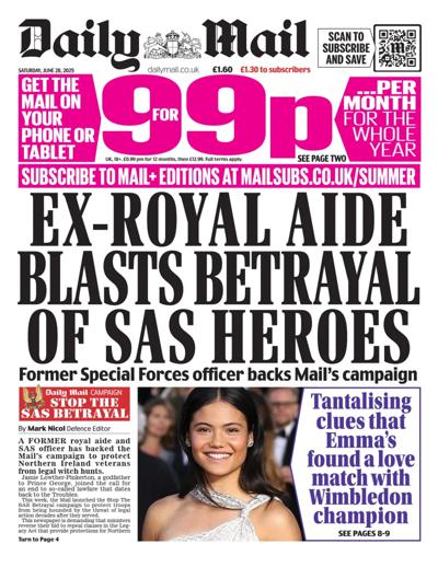 Daily Mail Newspaper Front Page (UK) for 28 June 2025