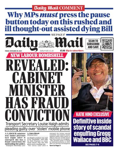 Daily Mail Newspaper Front Page (UK) for 29 November 2024