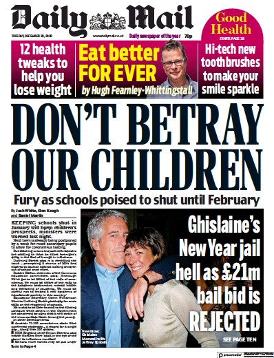 Daily Mail Newspaper Front Page (UK) for 29 December 2020