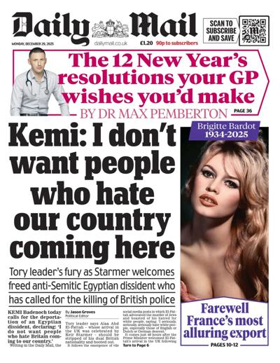 Daily Mail Newspaper Front Page (UK) for 29 December 2025
