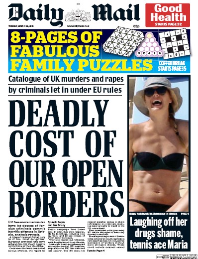 Daily Mail Newspaper Front Page (UK) for 29 March 2016