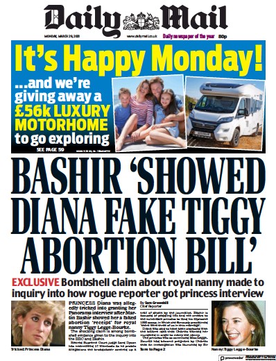 Daily Mail Newspaper Front Page (UK) for 29 March 2021